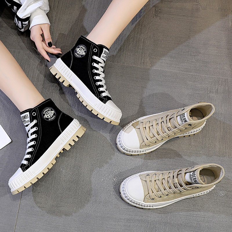 2021 new canvas shoes women's trendy shoes high-top college style flat casual boots sports thick-soled trendy sneakers